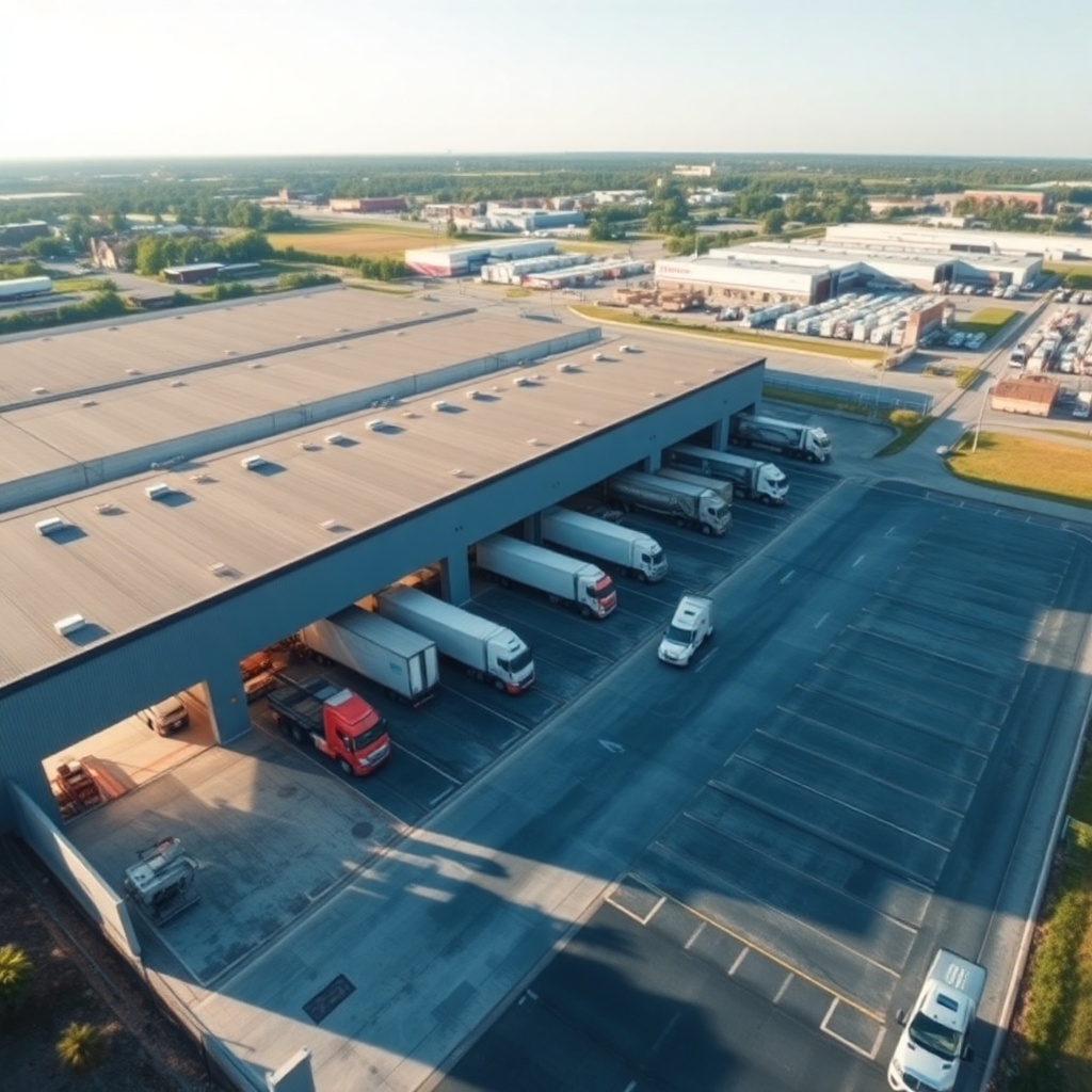 modern trucking warehouse and logistics center, aerial view