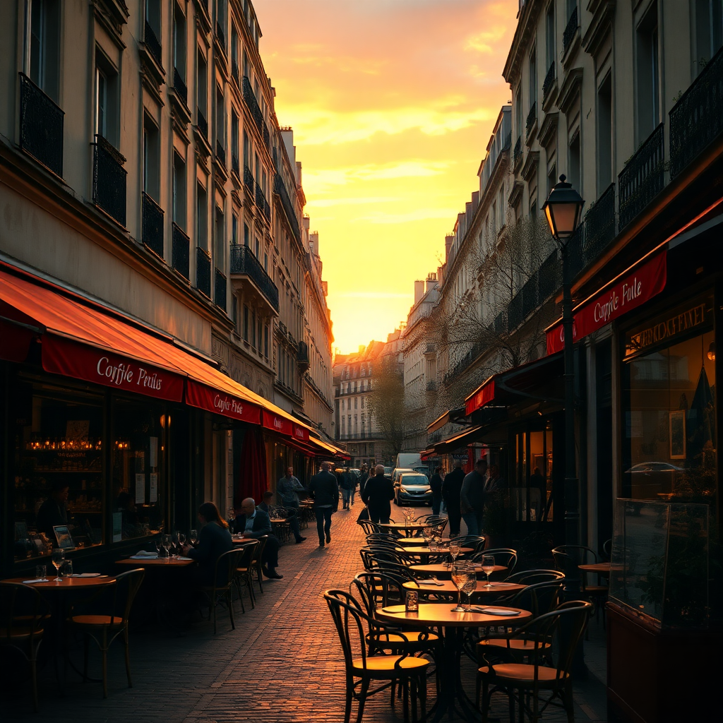 Parisian cafe street scene at sunset, romantic atmosphere, vintage photography