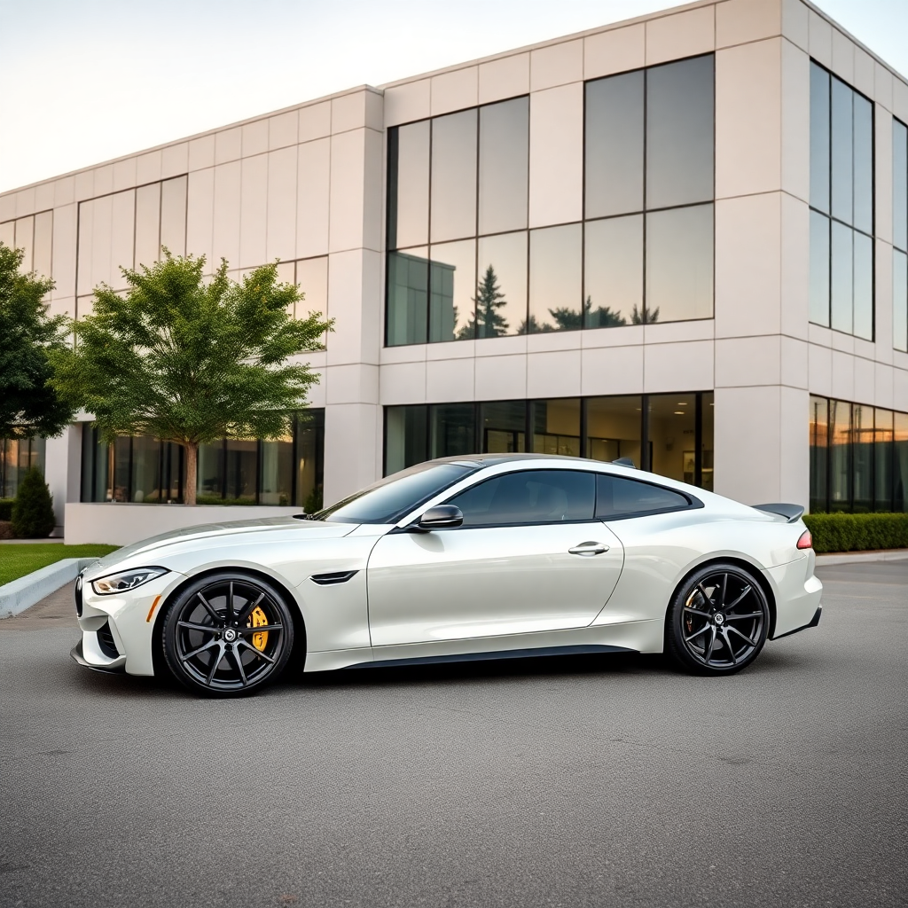 modern luxury car parked in front of contemporary building, professional automotive photography
