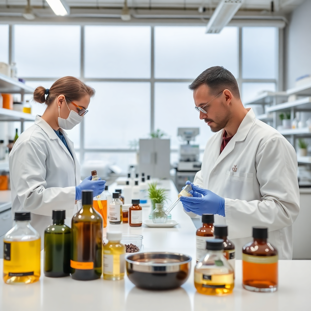 natural skincare research laboratory with scientists working with organic botanical ingredients, clean modern facility