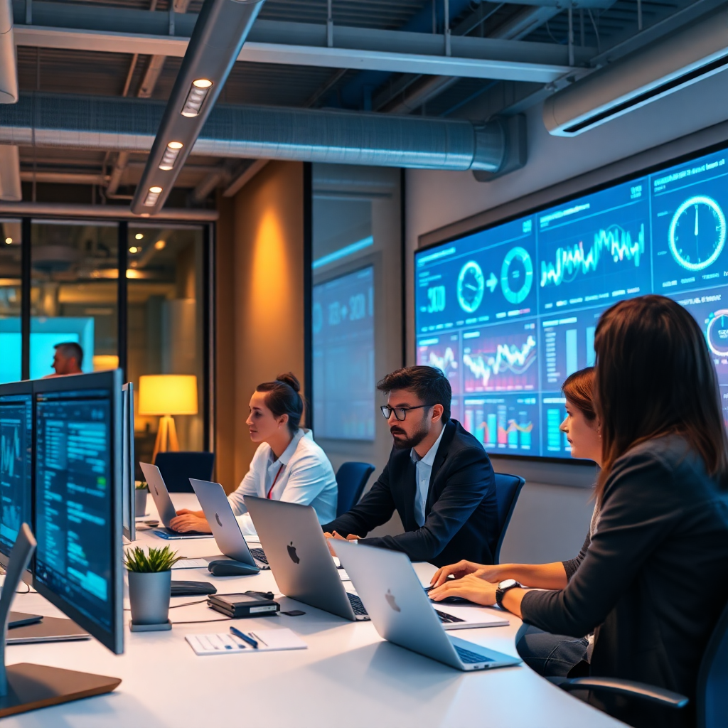 Modern office with diverse team working on financial technology, futuristic AI dashboard displays, warm lighting, professional atmosphere