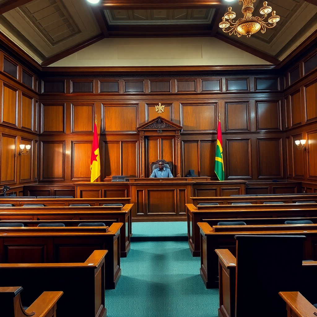 Ghanaian courtroom interior with wooden judge bench, wooden furnishings, Ghana flag prominently displayed, traditional legal setting, professional photography, warm lighting