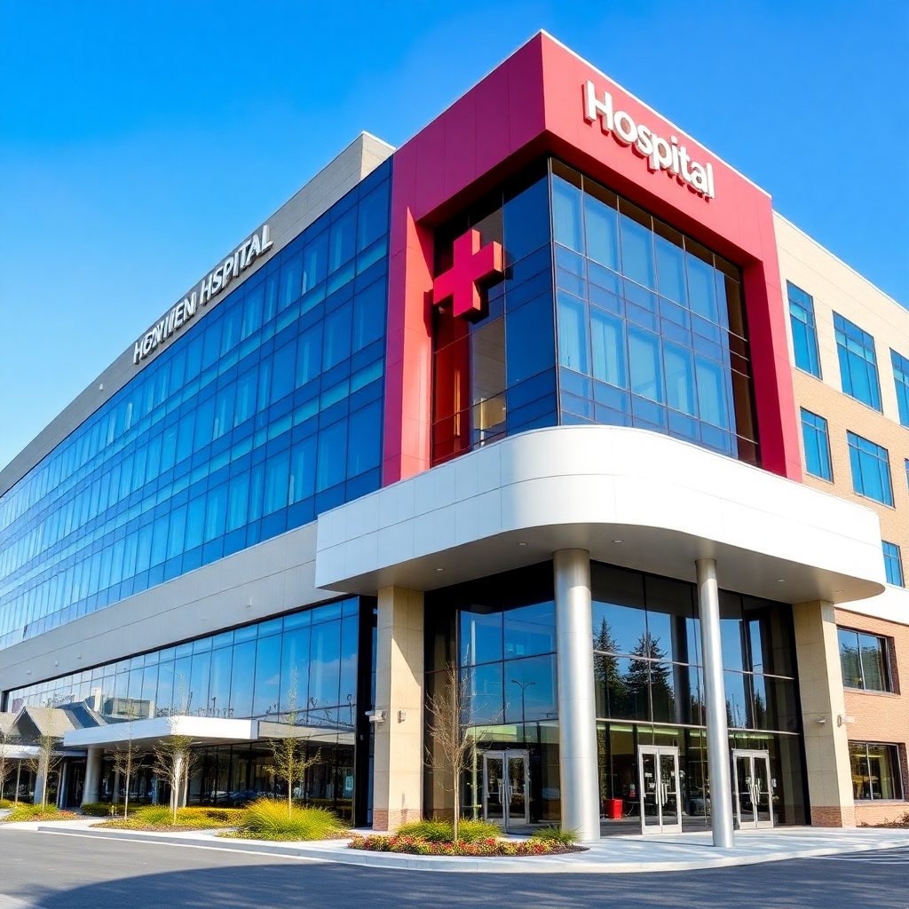 modern hospital building exterior with glass facade, clean architecture, blue sky, professional medical facility photography