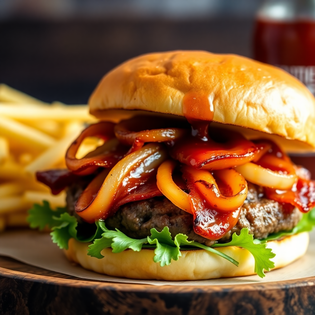 BBQ Bacon burger with grilled onions and barbecue sauce, delicious food shot