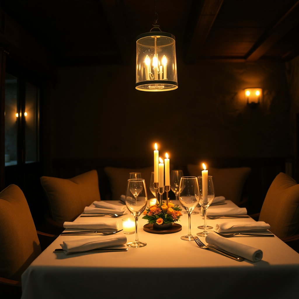 luxury alpine mountain dining room intimate boutique hotel Andorra private evening warm candlelight editorial photography dark cinematic champagne gold tones private dinner mountain hotel stone wood warm atmosphere