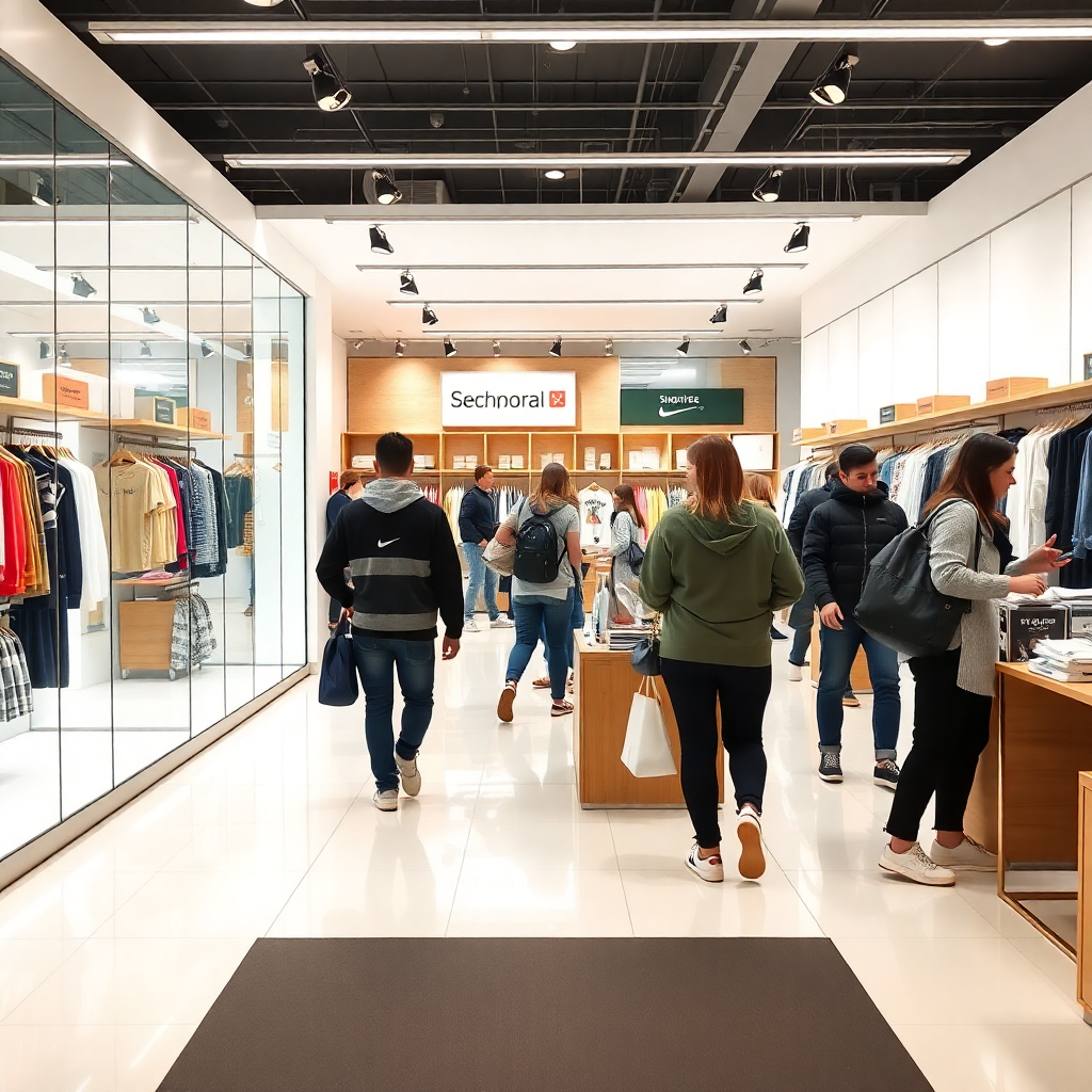 modern e-commerce retail store interior with customers shopping, bright and clean design