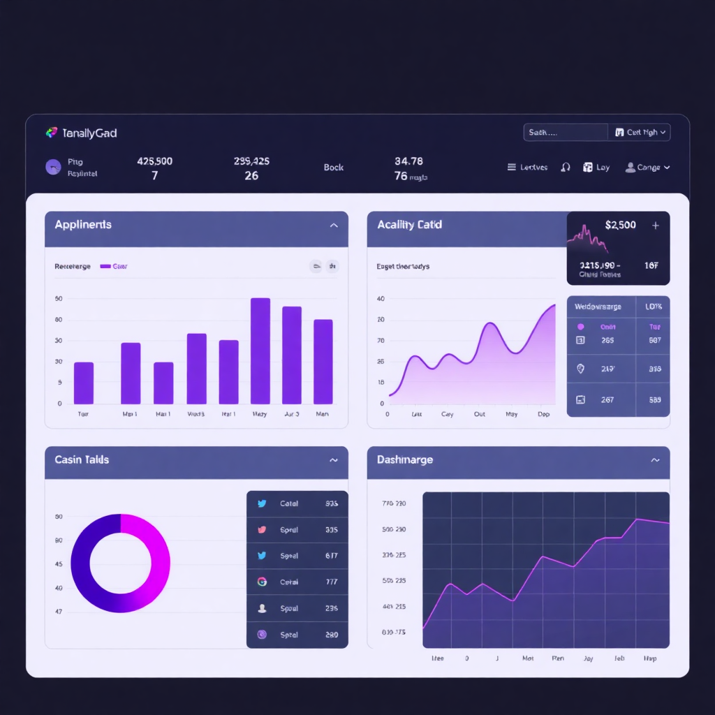 Dark mode analytics dashboard UI with purple glowing charts, data grids, and modern layout. Professional SaaS interface.