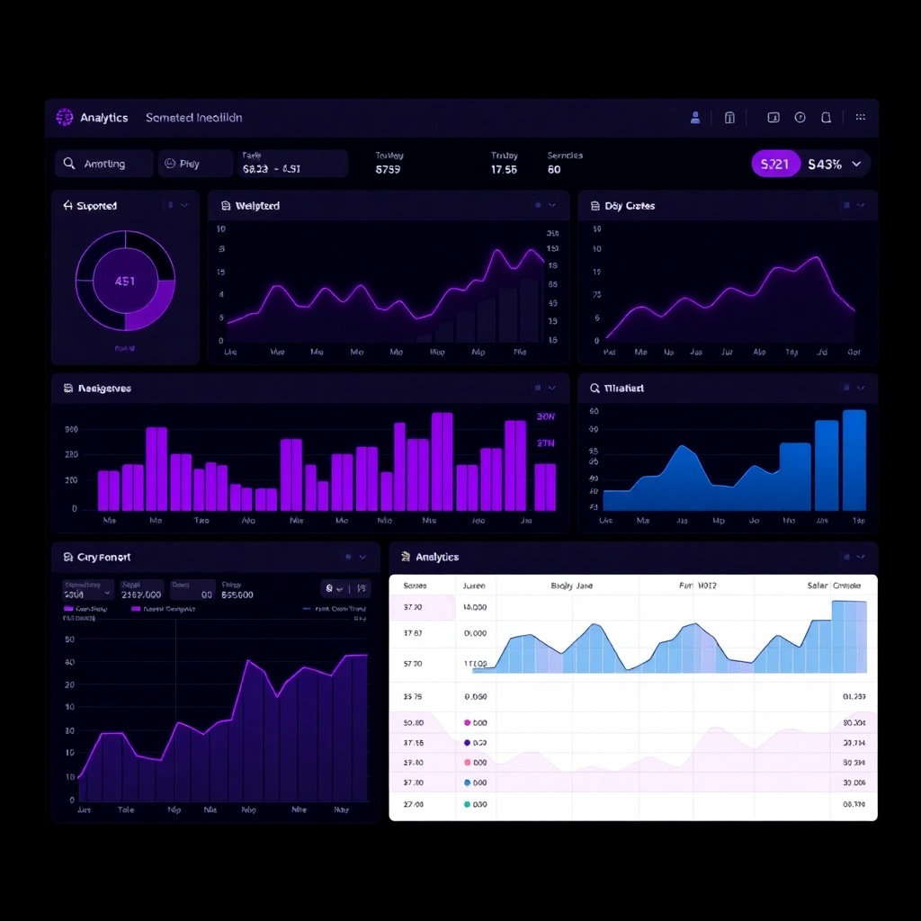 Dark mode analytics dashboard UI with purple glowing charts, data grids, and modern layout. Professional SaaS interface.