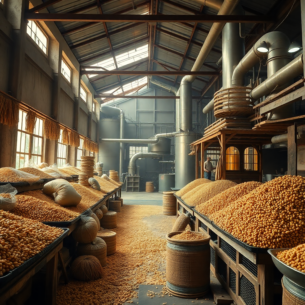 historical grainy photo of traditional Indian grain market mixed with modern processing facility interior