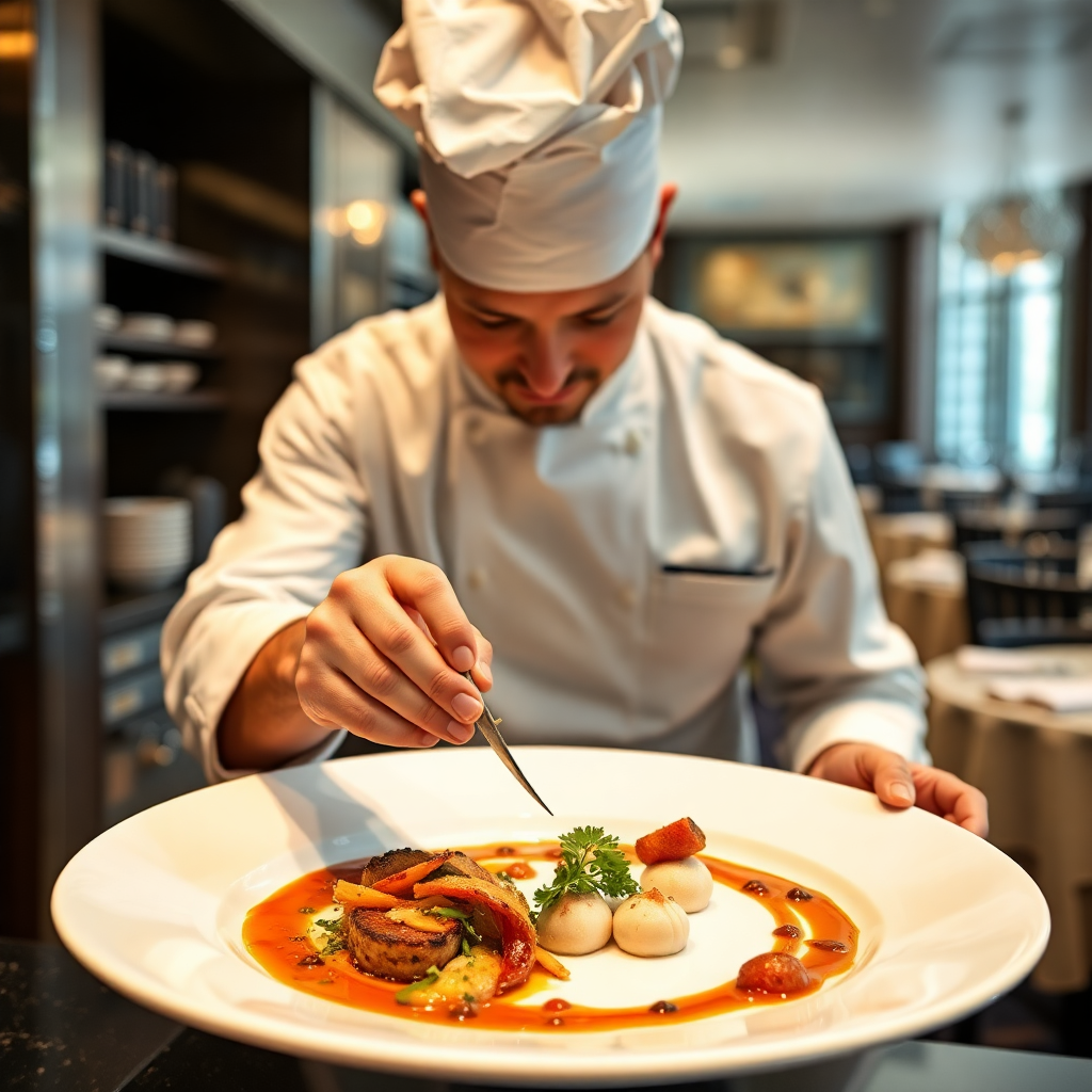 professional chef plating an elegant dish in luxury restaurant kitchen, culinary artistry, fine dining preparation