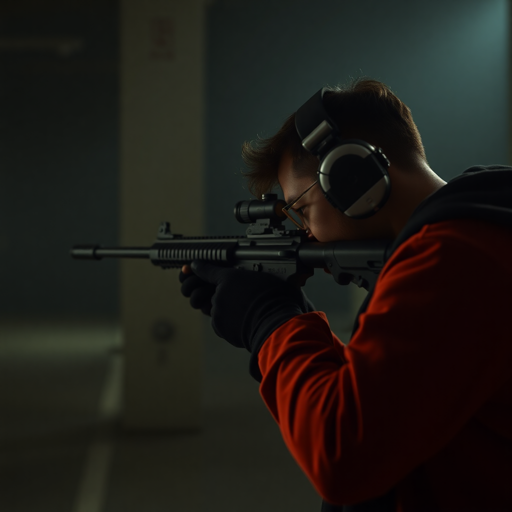 High quality cinematic shot of a competitive shooter aiming at a range, dramatic lighting, dark background, technical aesthetic