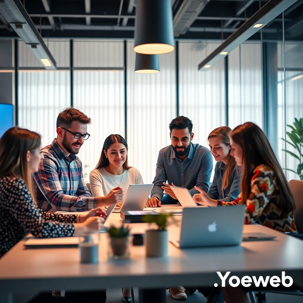 modern diverse team collaborating on digital interfaces in a well-lit premium office setting, focusing on inclusive design, cinematic lighting, Yoeweb brand colors