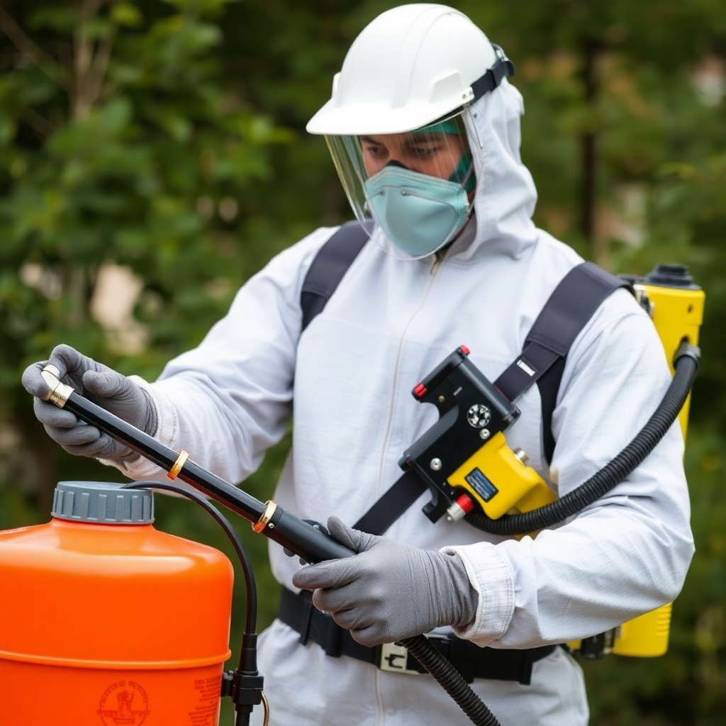 pest control technician applying treatment with professional equipment, safety gear