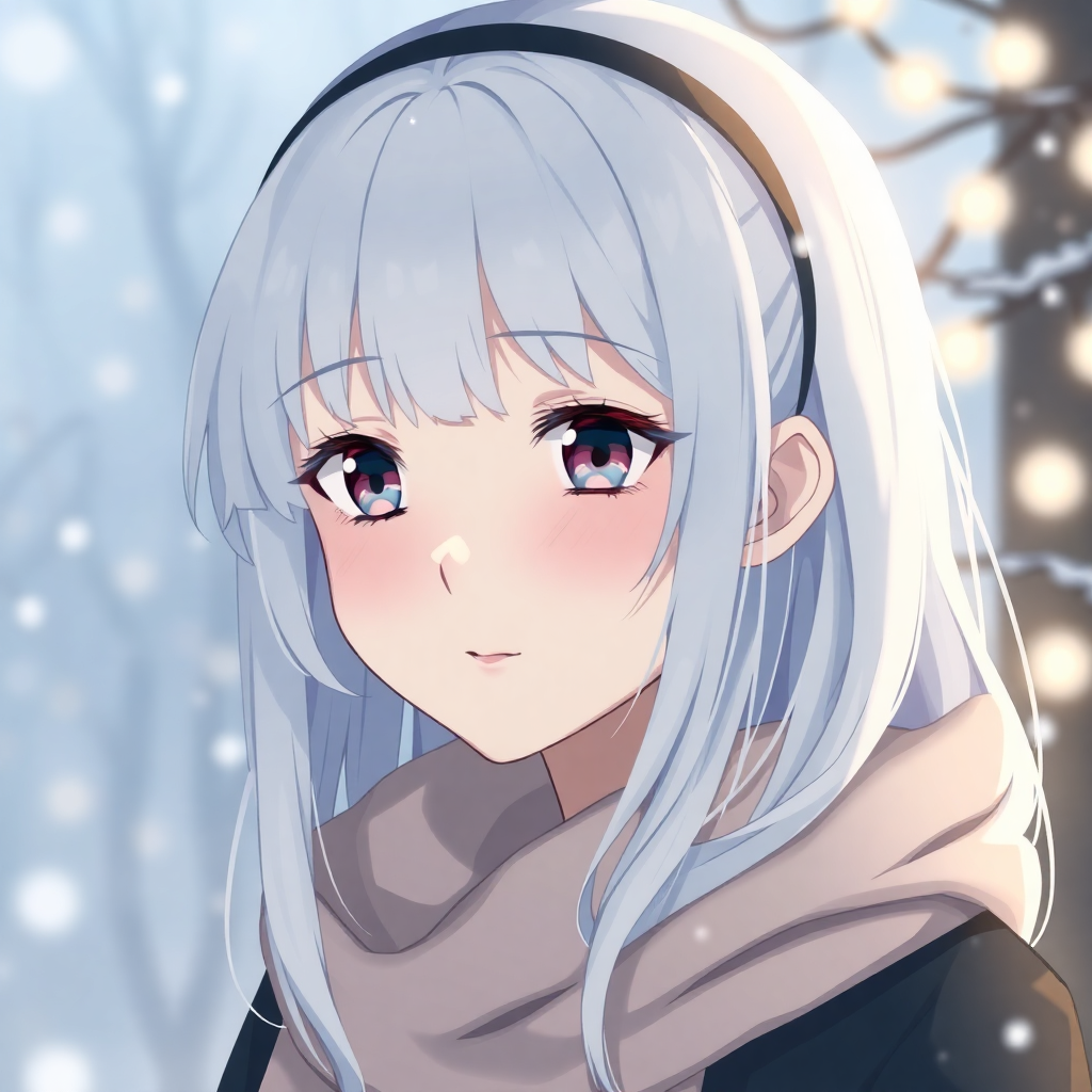 gentle anime girl with white hair, calm expression, serene, winter theme, portrait