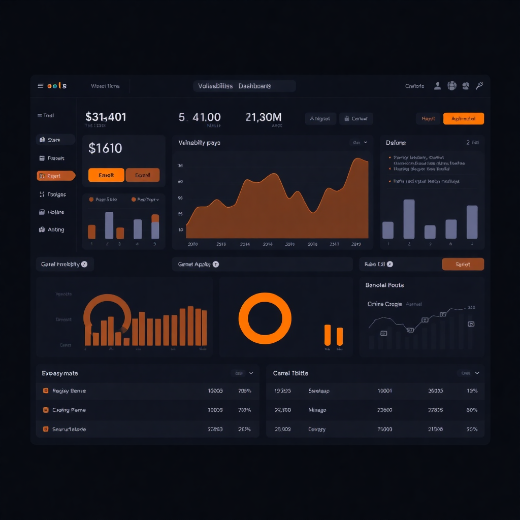 Sleek dark mode cybersecurity dashboard interface showing vulnerability metrics, charts, and scan results with neon accents