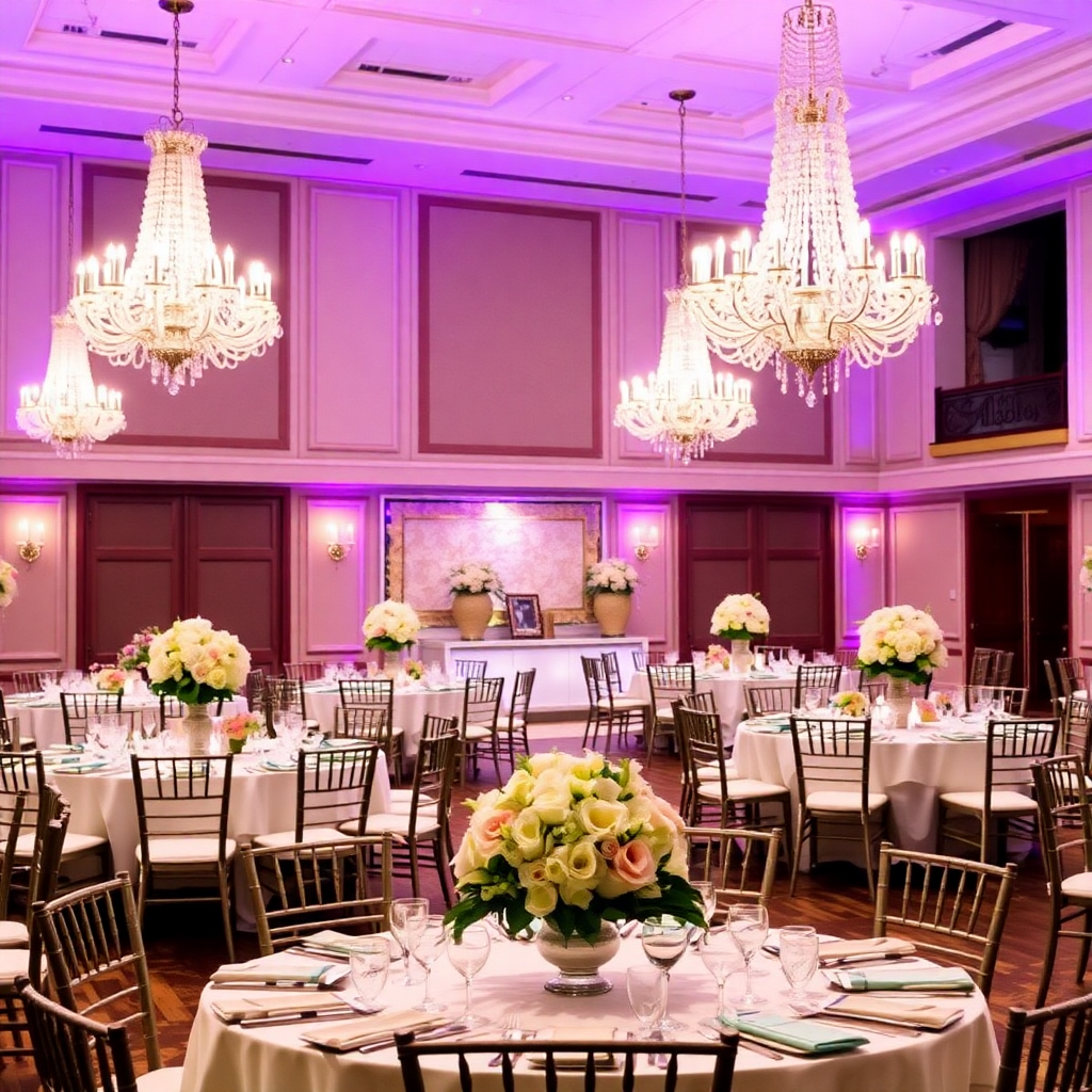 elegant wedding reception ballroom with chandeliers and floral centerpieces