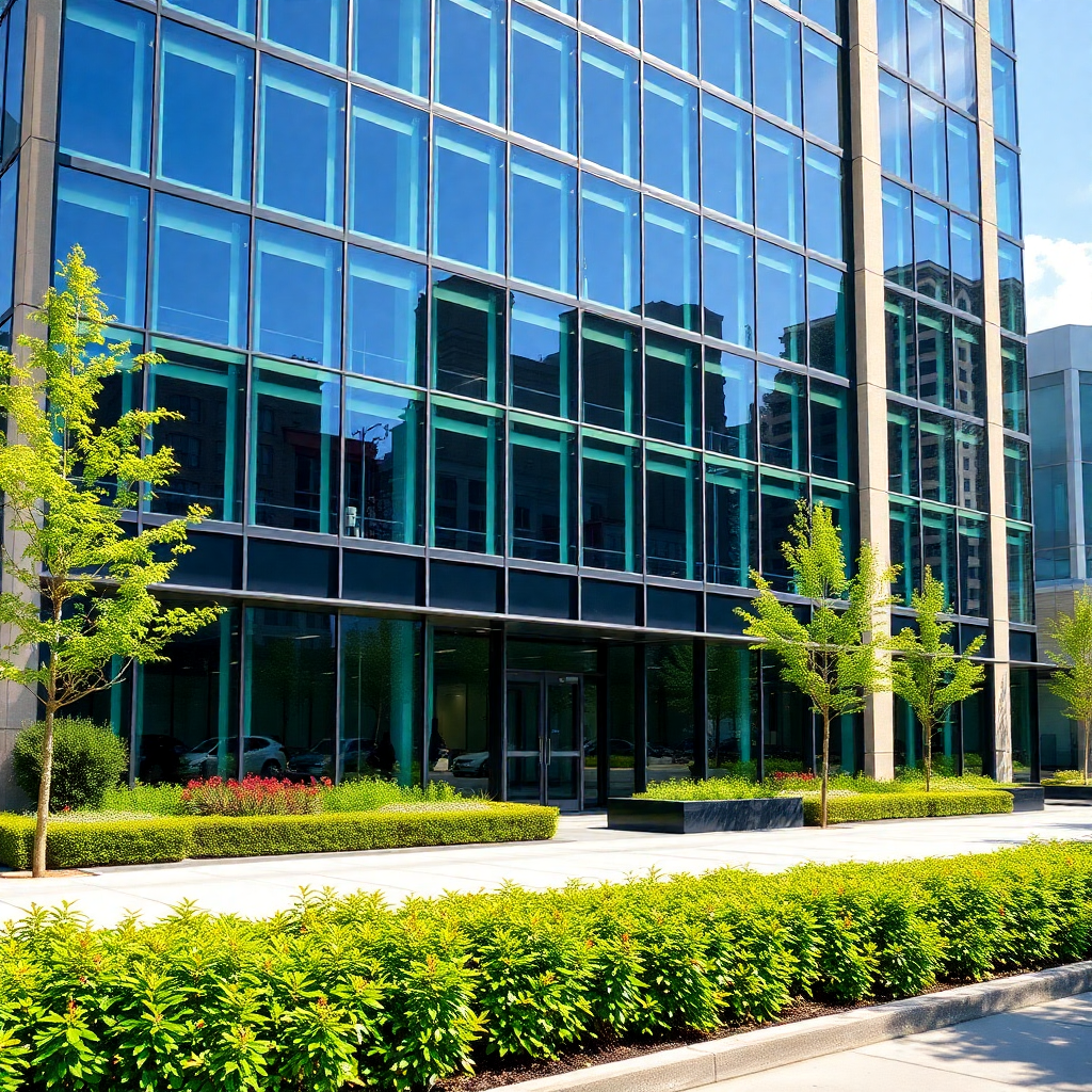 modern office building exterior with glass facade and professional landscaping, corporate business district, sunny day, professional architectural photography