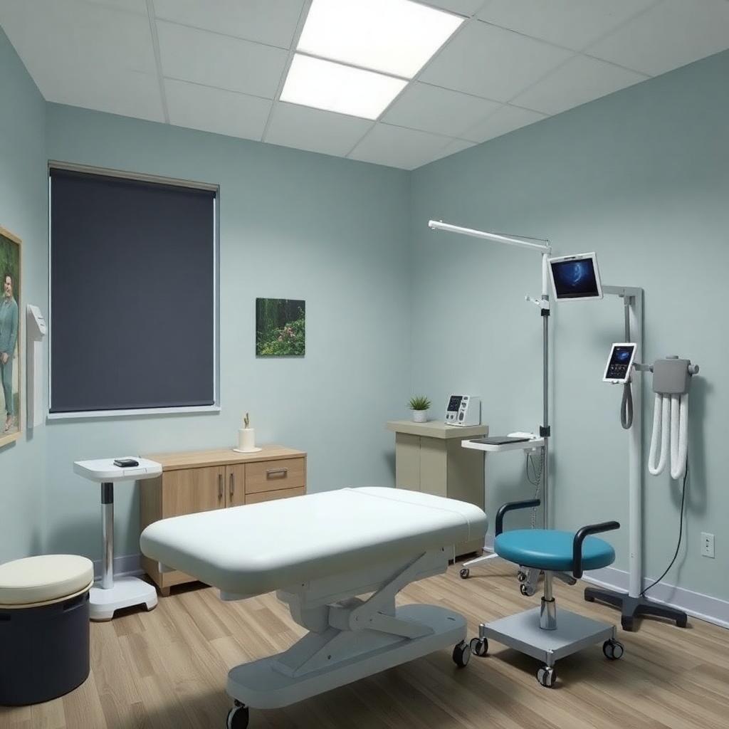 physiotherapy clinic treatment room with modern equipment and calming atmosphere