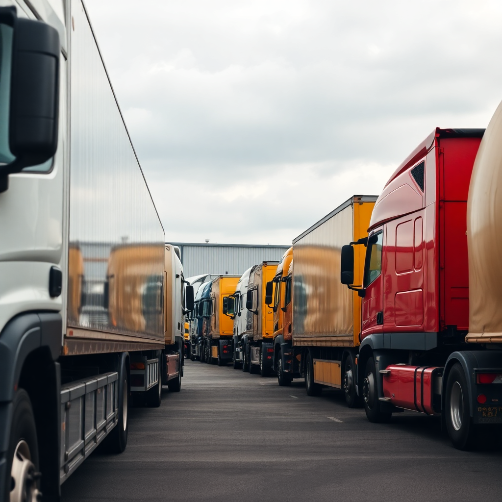 fleet of commercial trucks parked in industrial yard, logistics company