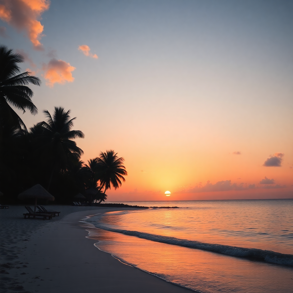 serene beach sunset with palm trees silhouette, calm ocean, luxury travel photography