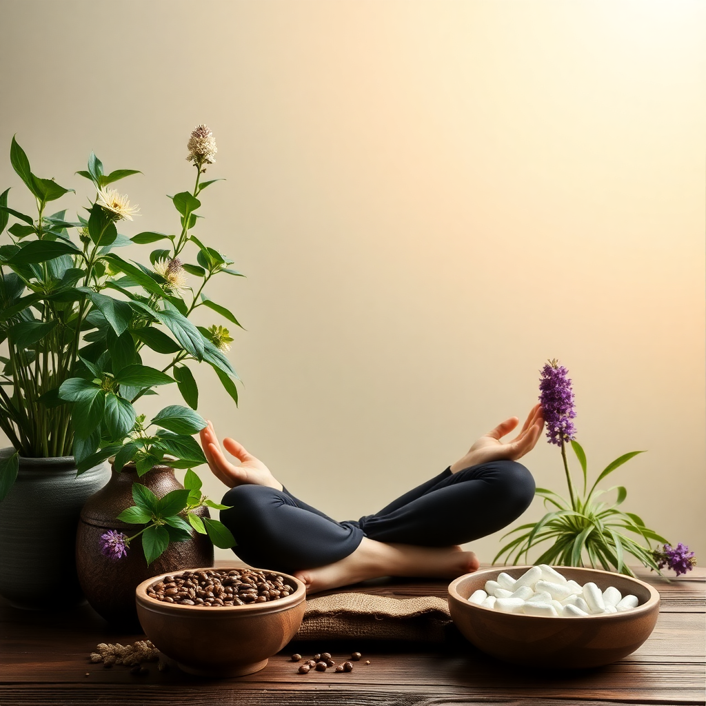 healthy lifestyle with herbal supplements, yoga meditation wellness, natural herbs and plants, peaceful zen atmosphere