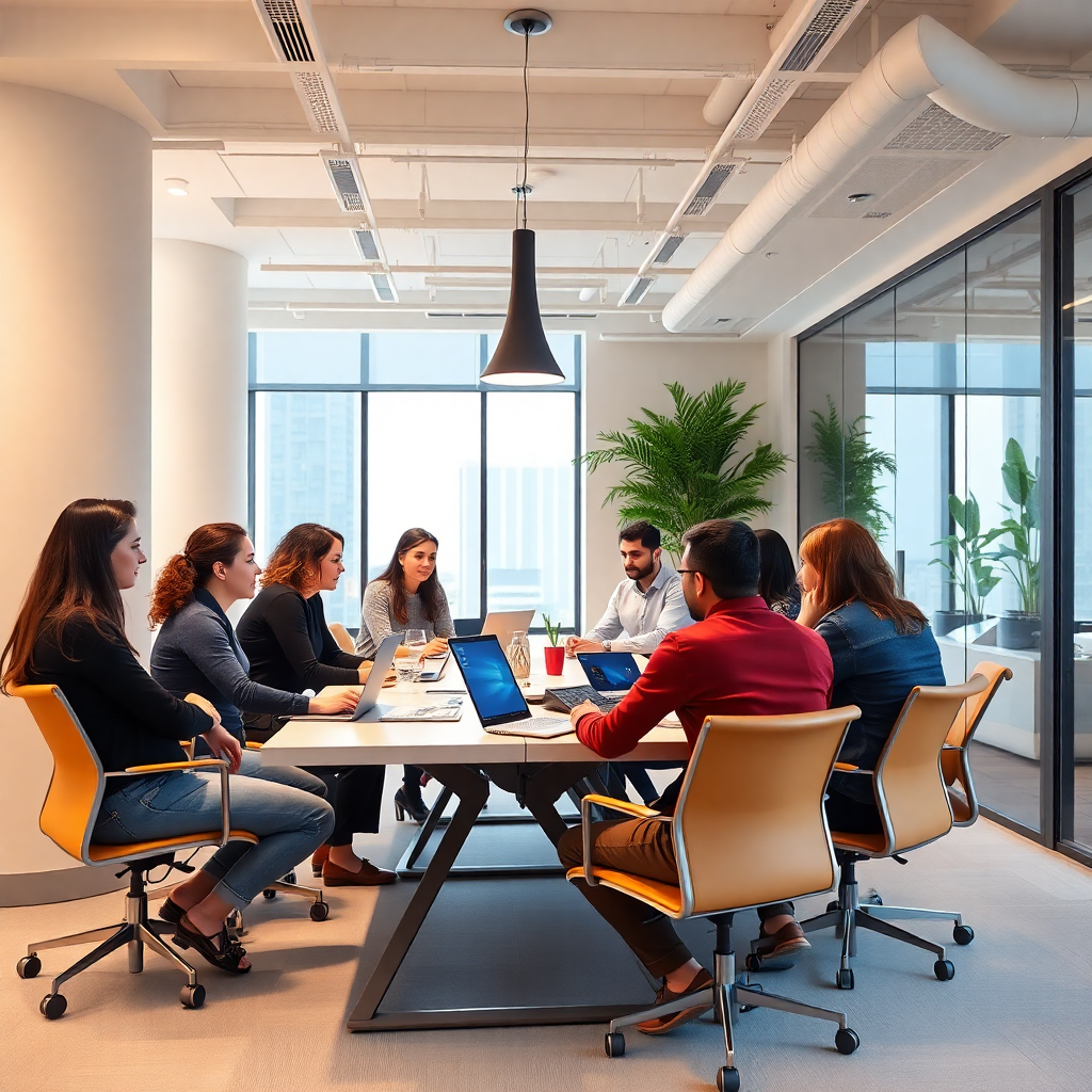 startup team working in modern office Dubai, diverse group brainstorming, bright workspace