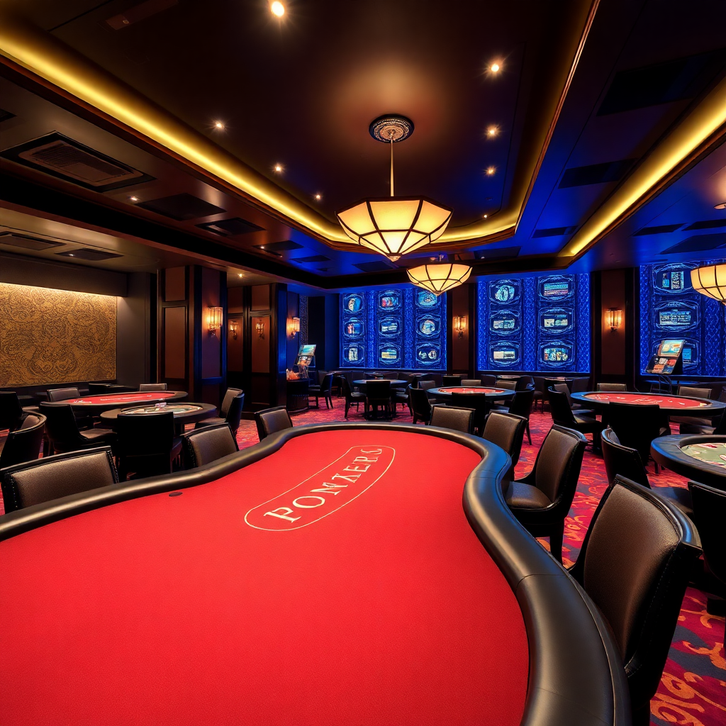 elegant casino lounge with poker tables, sophisticated lighting, luxurious interior, exclusive atmosphere
