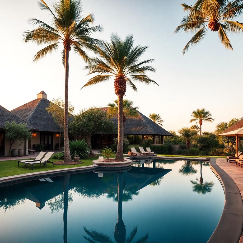 luxury african resort with pool and palm trees