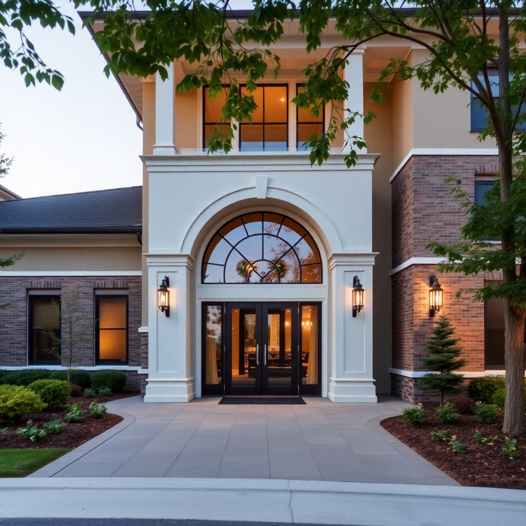 luxury senior living home exterior in SouthPark Charlotte, modern elegant design, manicured landscaping, upscale residential area