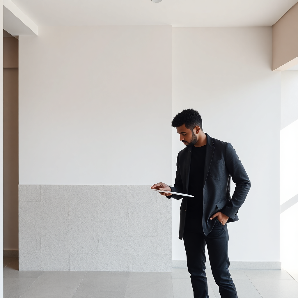 black interior designer examining textured stone tile in minimalist modern space, soft neutral palette, architectural detail, natural daylight, refined contemporary interior, editorial photography