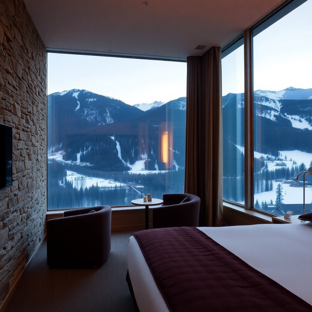 luxury alpine double room Sport Hotel Hermitage Soldeu Andorra mountain view warm stone interior ski slope panorama premium hotel room editorial photography dark moody champagne tones