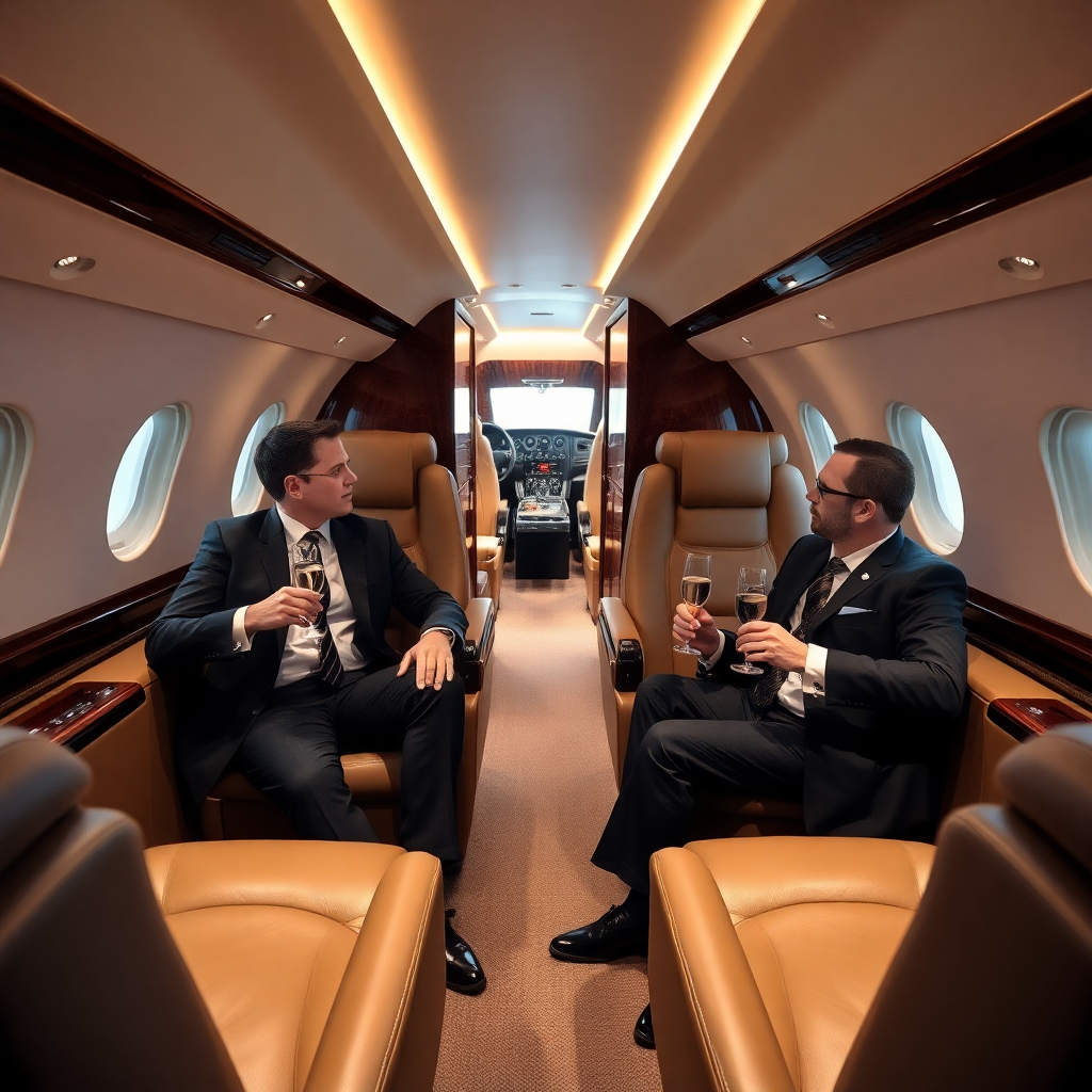Luxury private jet interior with businessmen