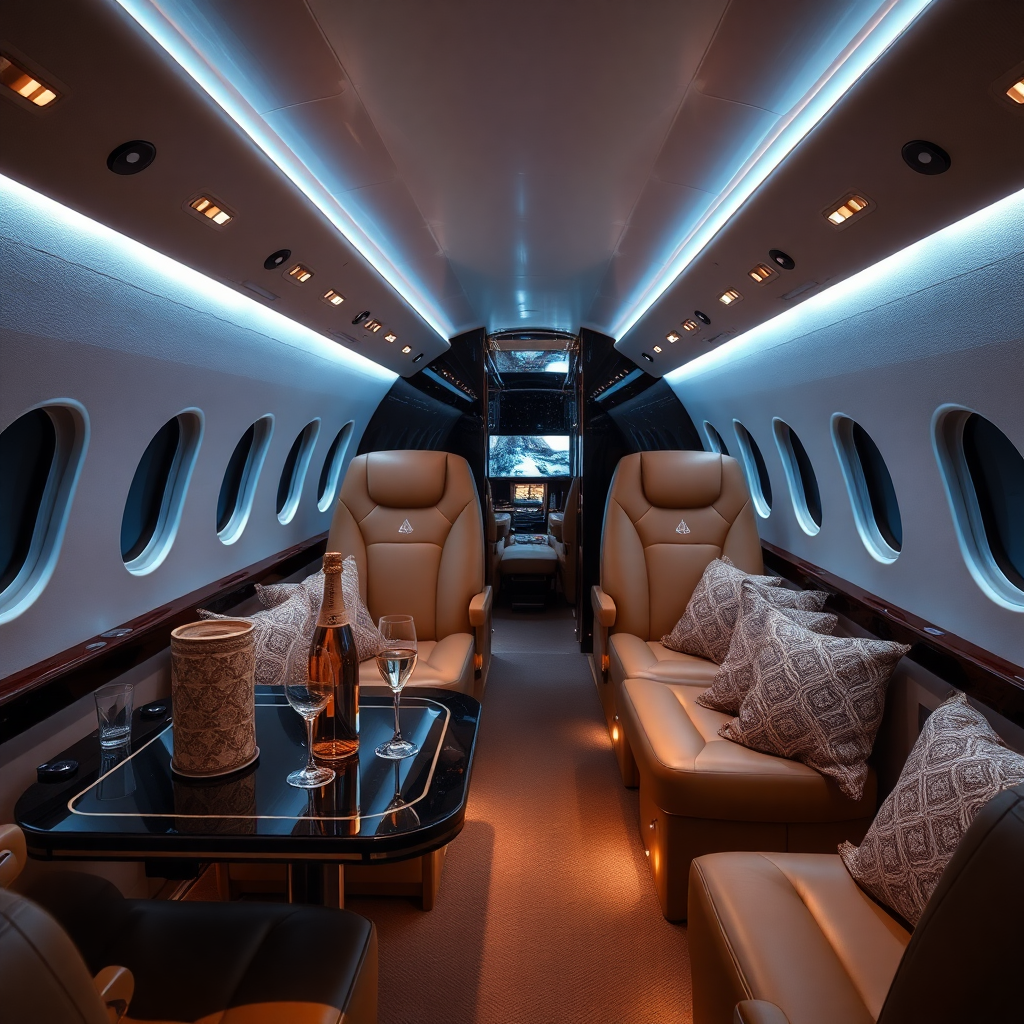 luxury private jet interior with champagne service, cinematic lighting