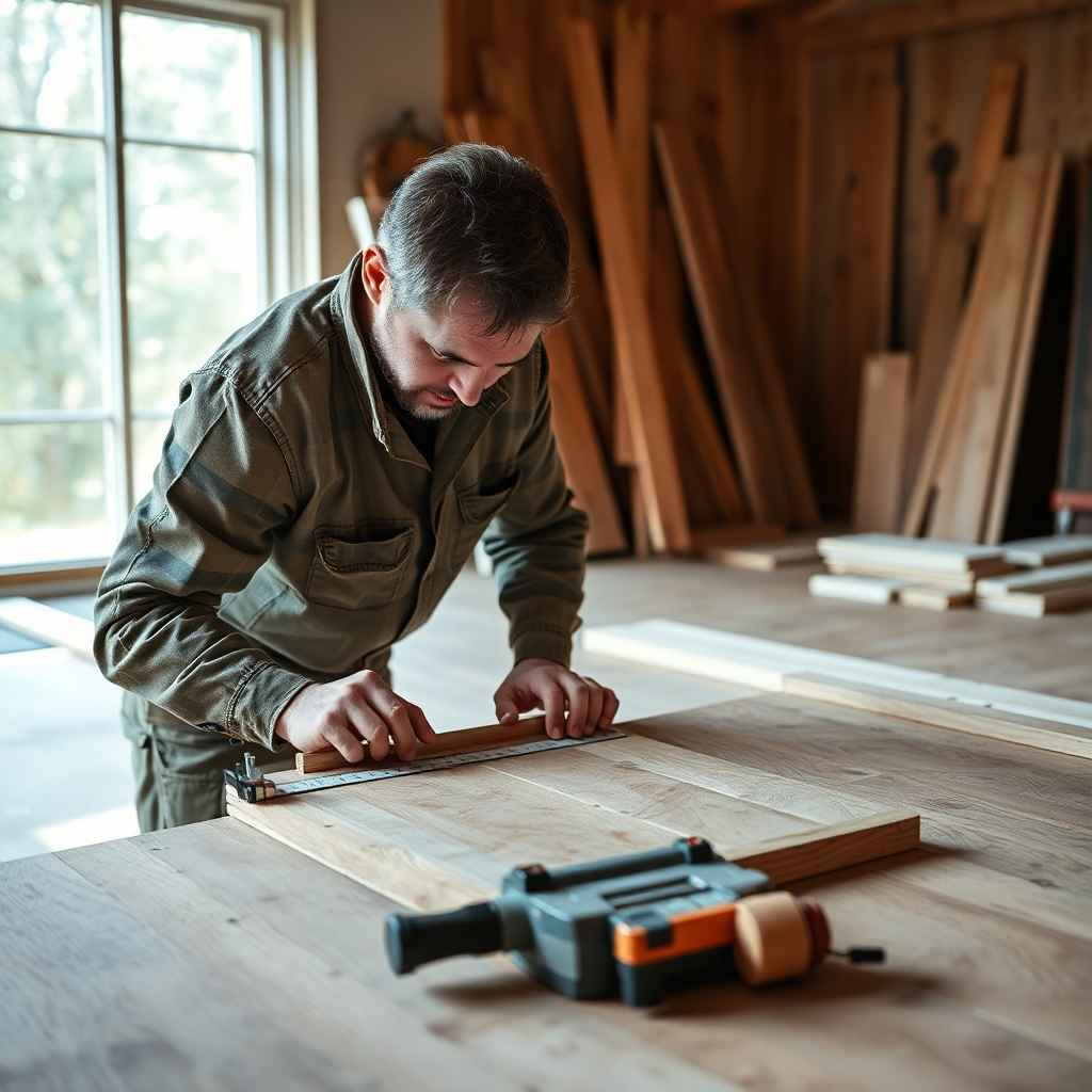 skilled craftsman measuring and cutting hardwood flooring