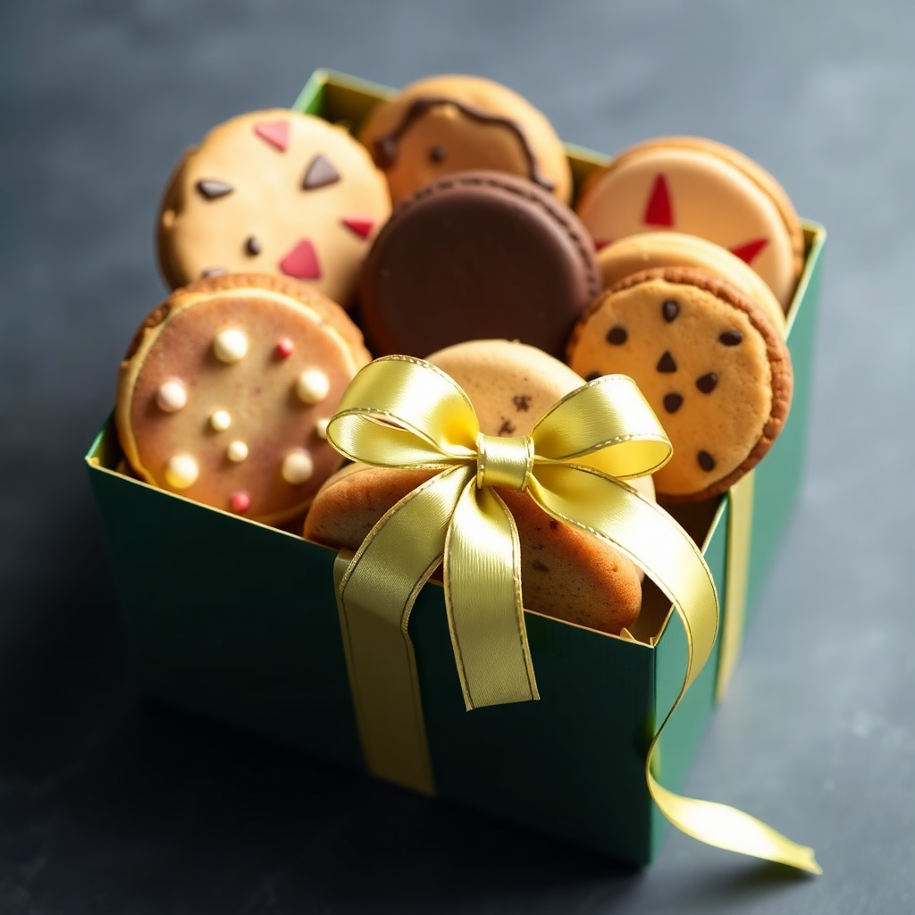 gift box filled with various cookies and a ribbon