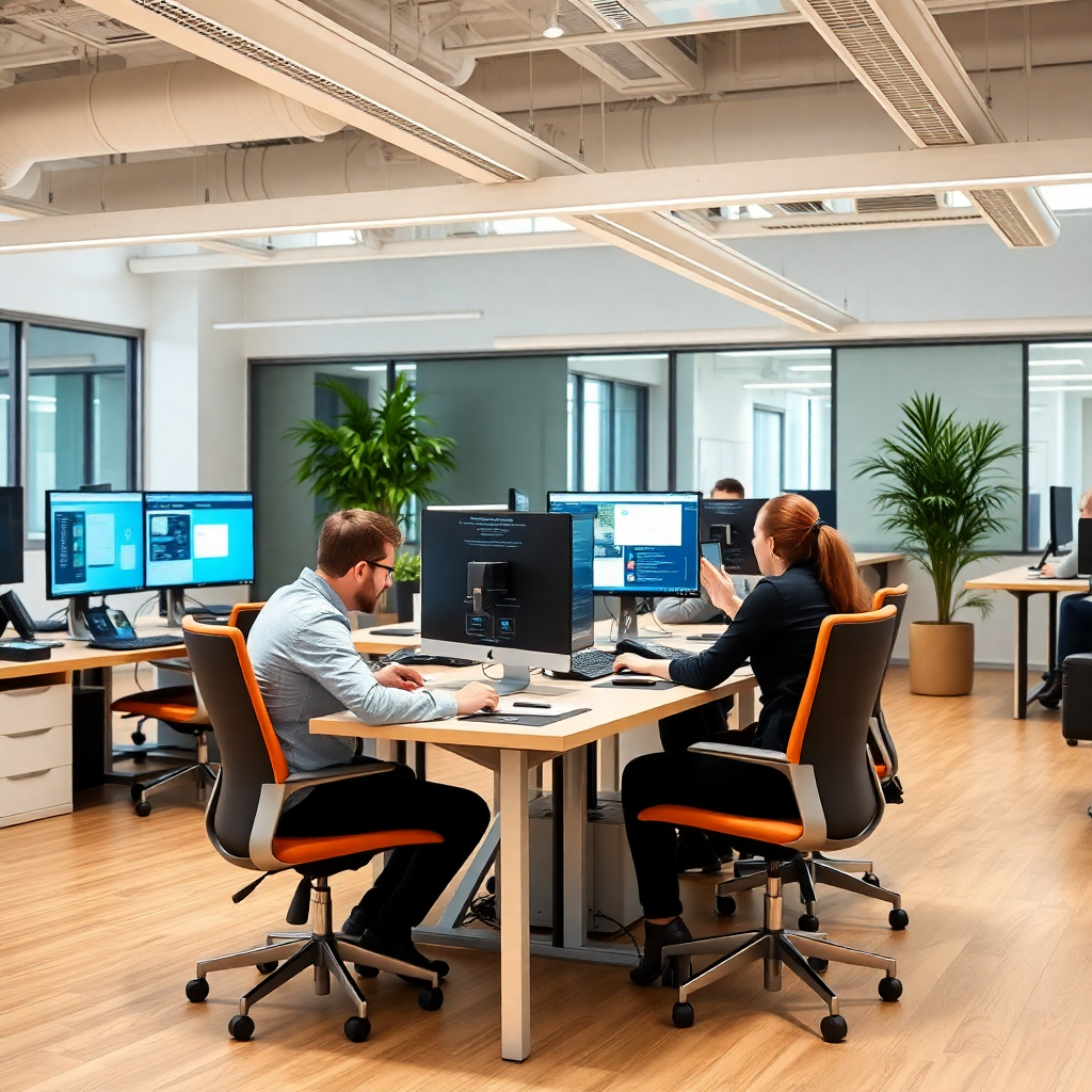 modern office space with engineers collaborating around computer screens, bright and welcoming atmosphere