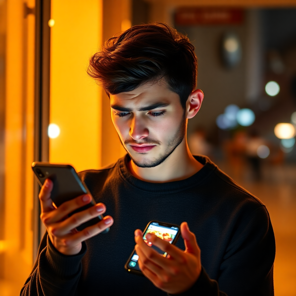 person looking frustrated at multiple food delivery apps on phone, warm lighting