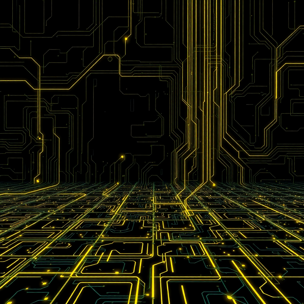 dark futuristic technology background with neon circuits, digital grid patterns, abstract tech landscape, cyberpunk aesthetic, black and neon yellow accents