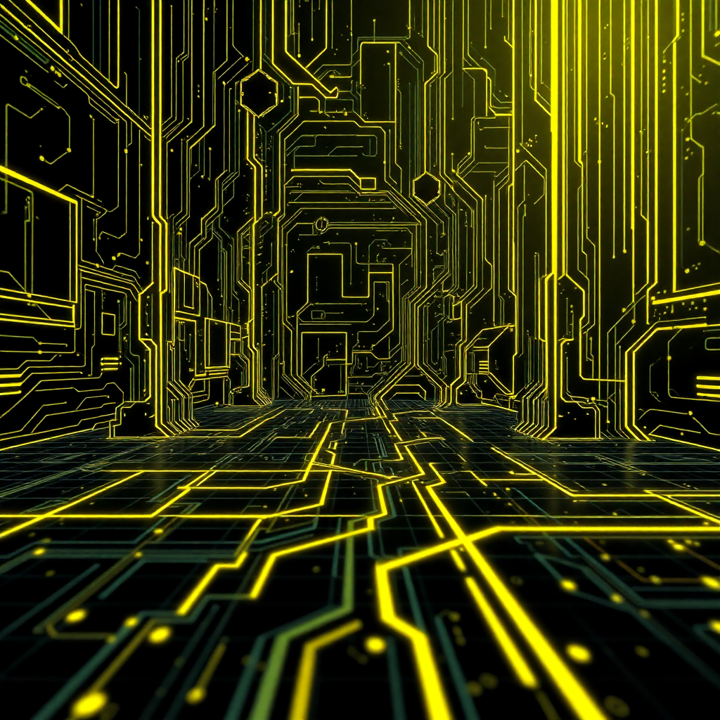dark futuristic technology background with neon circuits, digital grid patterns, abstract tech landscape, cyberpunk aesthetic, black and neon yellow accents