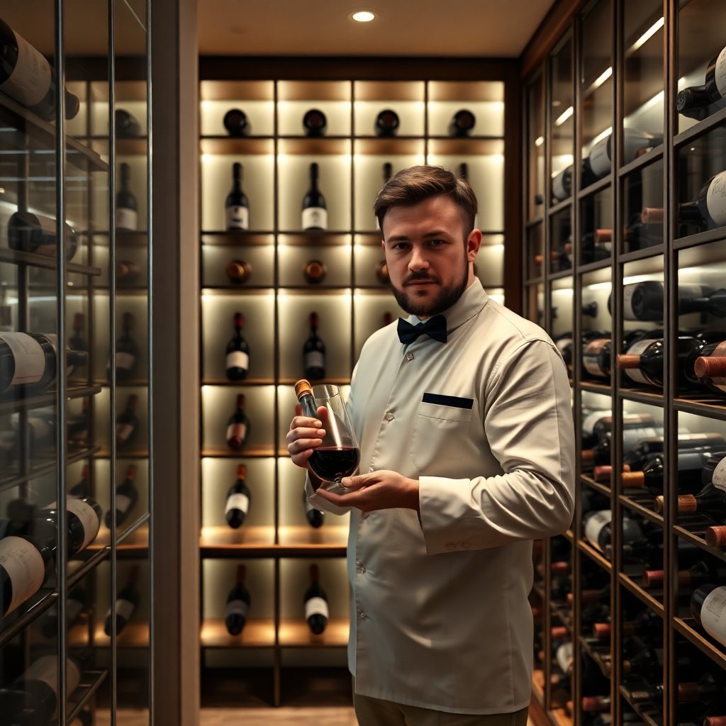 elegant wine cellar with premium wine bottles and sommelier