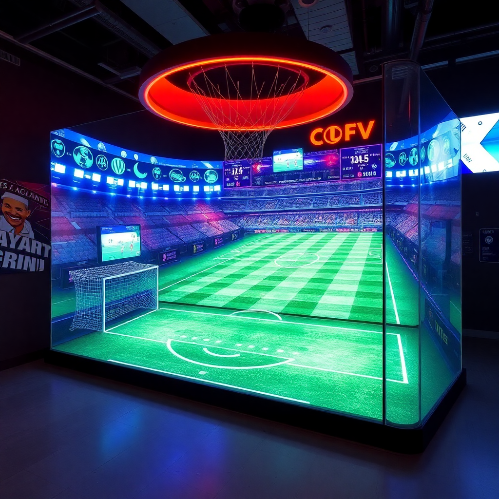 interactive digital sports game installation, soccer or basketball theme, high tech