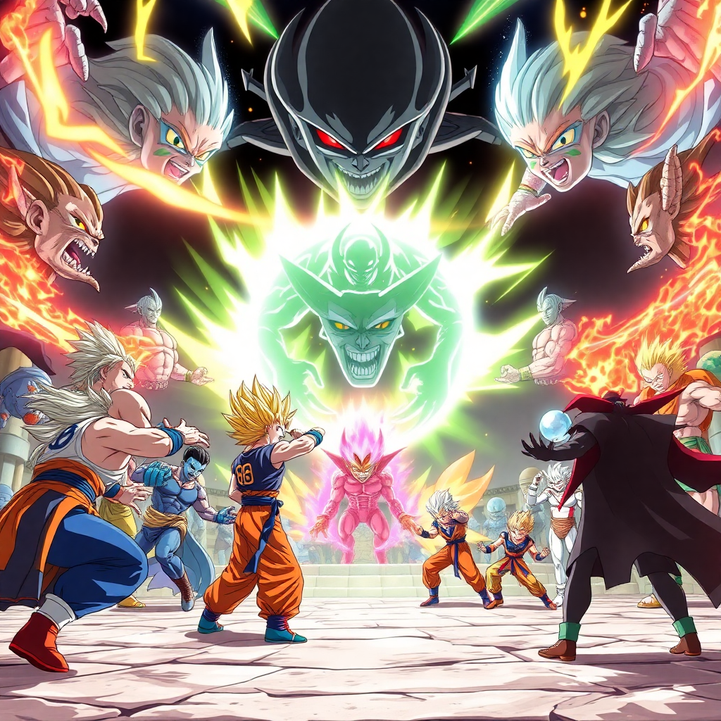 Tournament of Power arena with multiple universes fighting, epic battle scene, Dragon Ball anime style