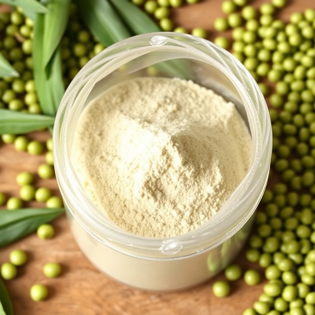 pea fiber powder in containers, green pea dietary fiber, food grade fiber materials, natural pea products