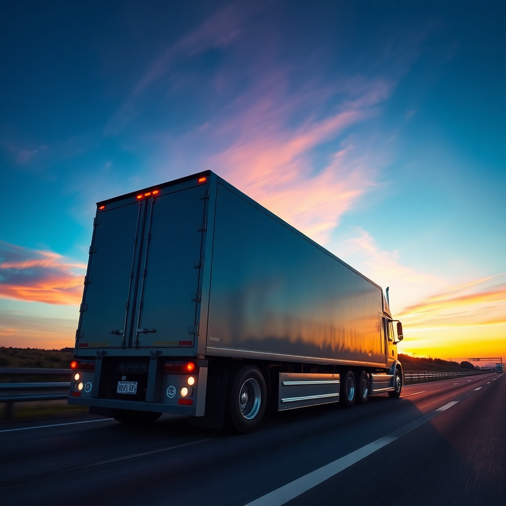 modern semi-truck on highway at sunset, professional trucking photography, wide angle