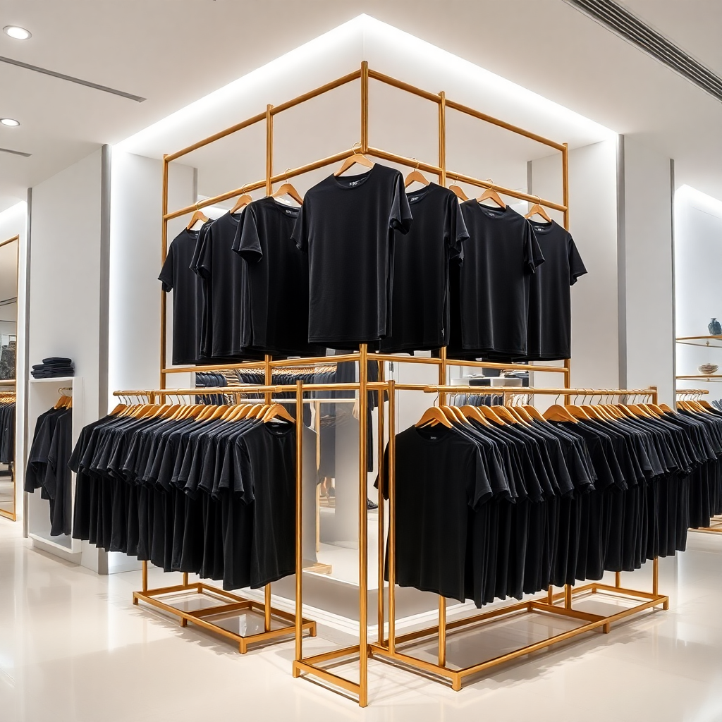 modern minimalistic retail corner in a high-end department store, featuring black t-shirts on golden racks, bright lighting, clean design, luxury merchandising