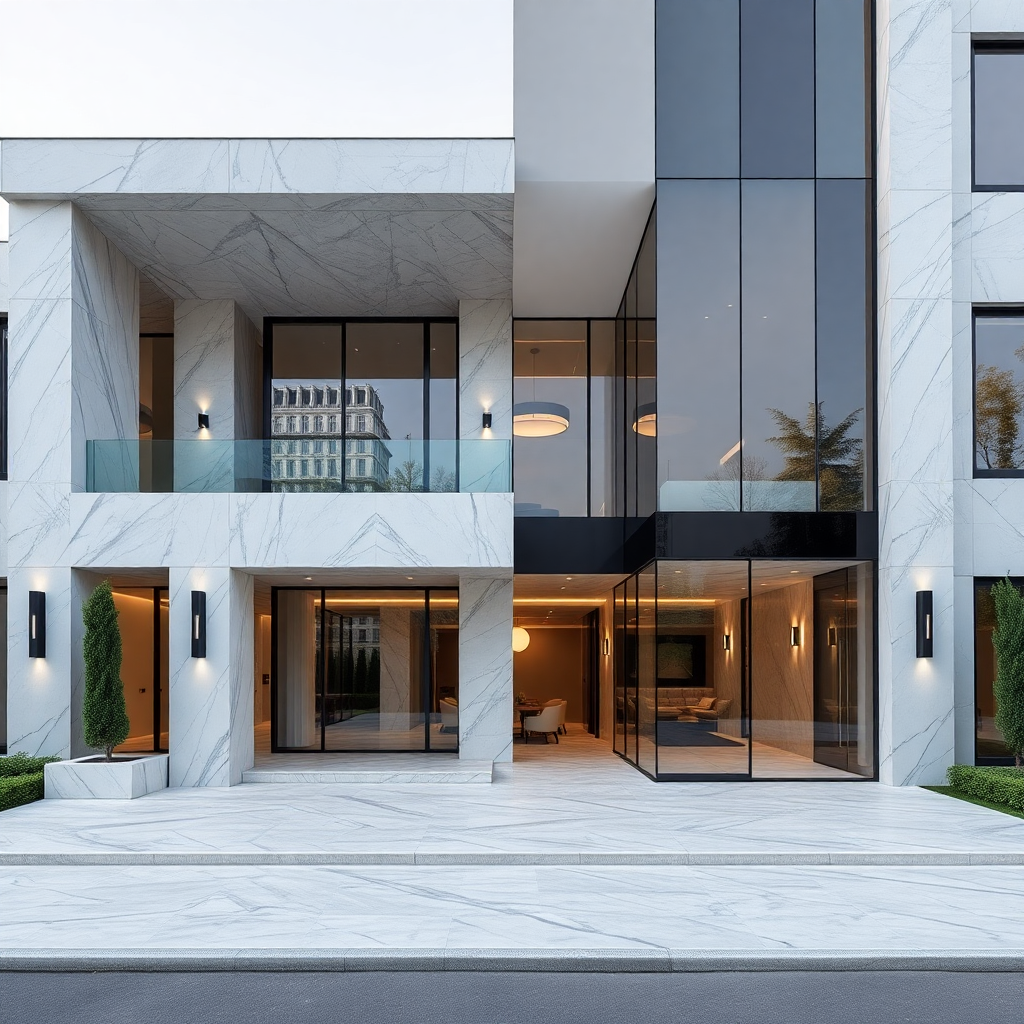 luxury minimalist architecture building exterior with high-end materials marble and glass