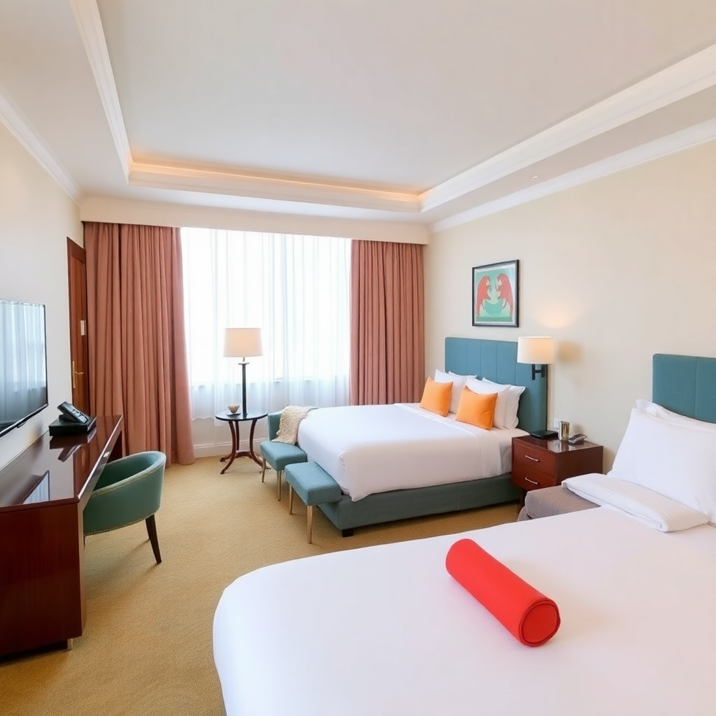 Interior of a family room in a luxury hotel, with two double beds and a playful yet sophisticated decor. Bright and airy.