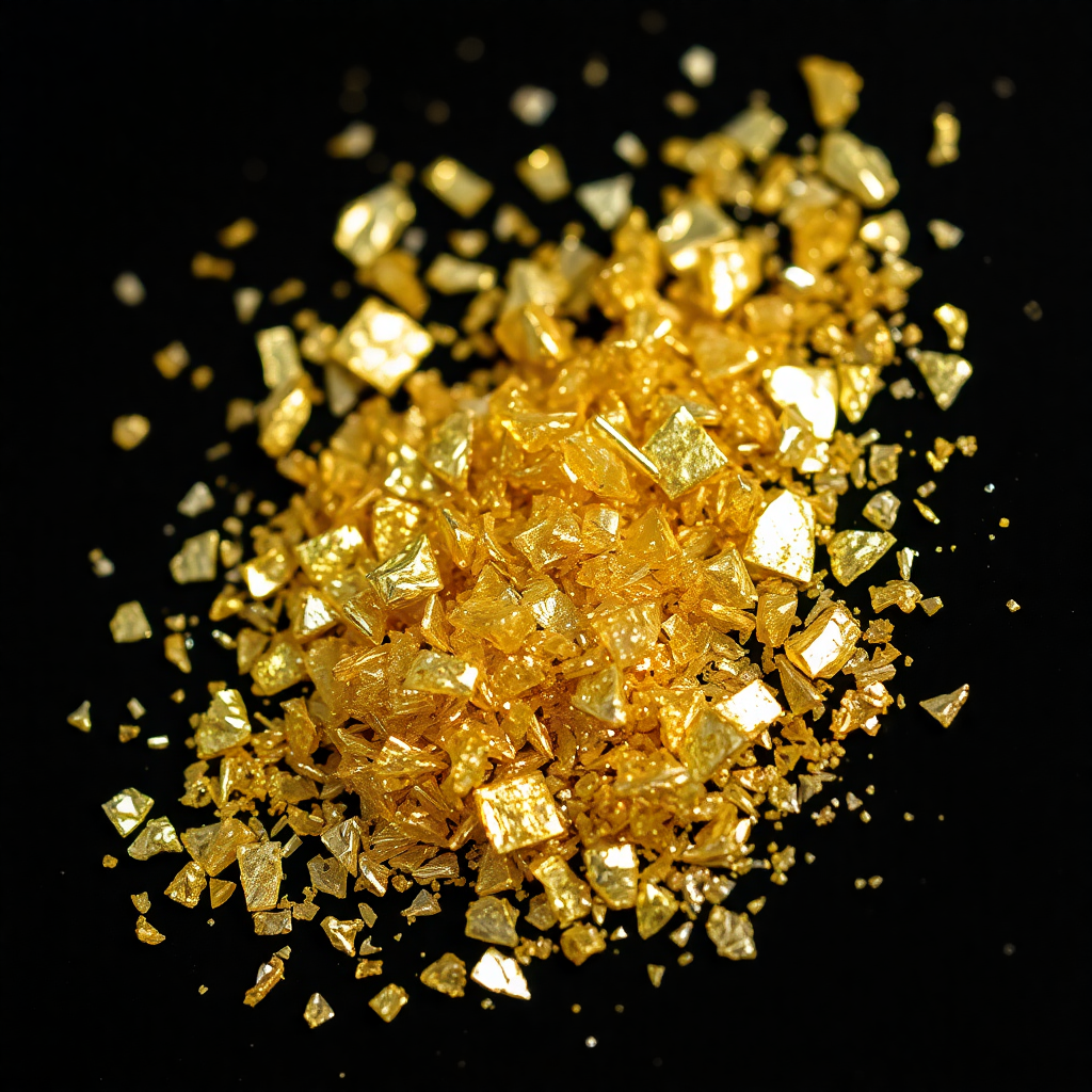 mica flakes scrap mineral small fragments shiny reflective golden pieces