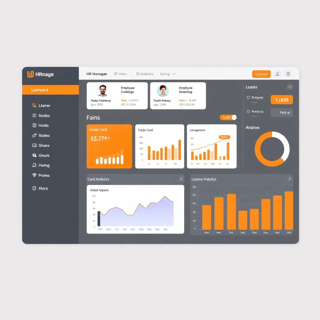 modern HR management dashboard interface showing employee cards, leave management, and workforce analytics in clean orange and white design