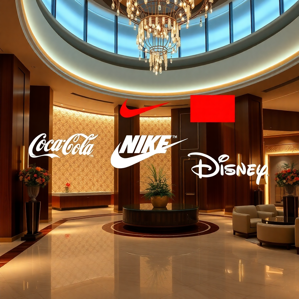 A montage of famous brand logos like Coca-Cola, Nike, and Disney seamlessly integrated into a luxury hotel lobby setting, conveying high-value partnerships, photorealistic with a subtle glow effect
